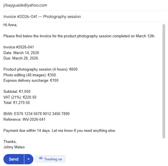 Gmail compose window for an invoice email showing the Mail2Follow Tracking on toggle as a pill next to the Send button, indicating the thread will be tracked
