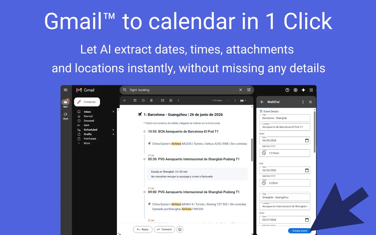 Mail2Cal UI extracting dates and links from a conversational email thread to create a calendar event automatically