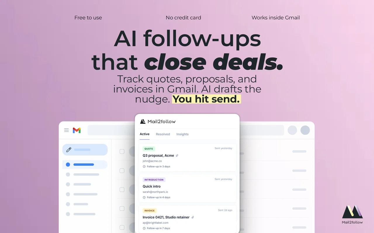 Mail2Follow dashboard inside Gmail showing tracked threads: a quote, an introduction, and an invoice, each with an AI-scheduled follow-up date