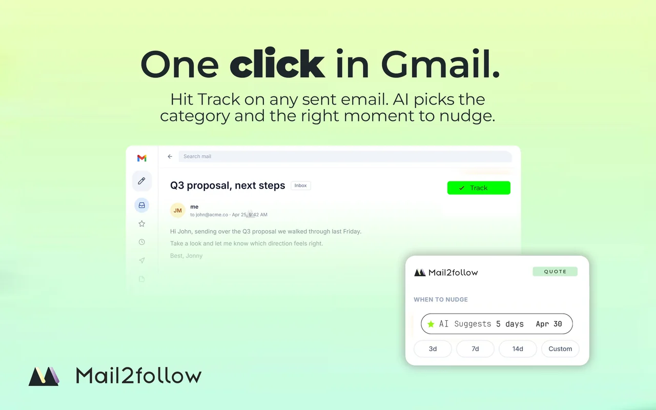Track button in a Gmail thread, with Mail2Follow popup showing AI-suggested 5-day follow-up for a quote