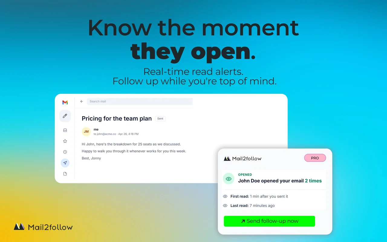 Mail2Follow Pro notification showing a prospect opened an email twice, with a Send follow-up now button