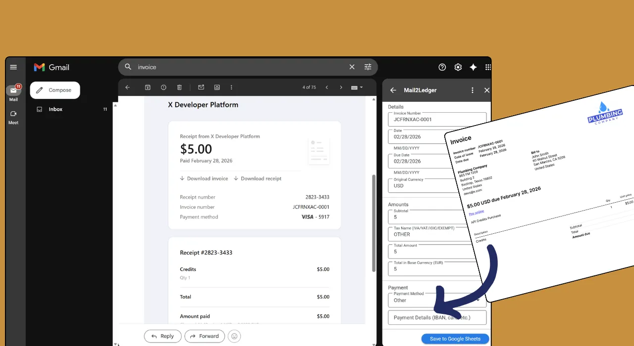 Mail2Ledger Gmail add-on extracting invoice data from a PDF attachment in the sidebar